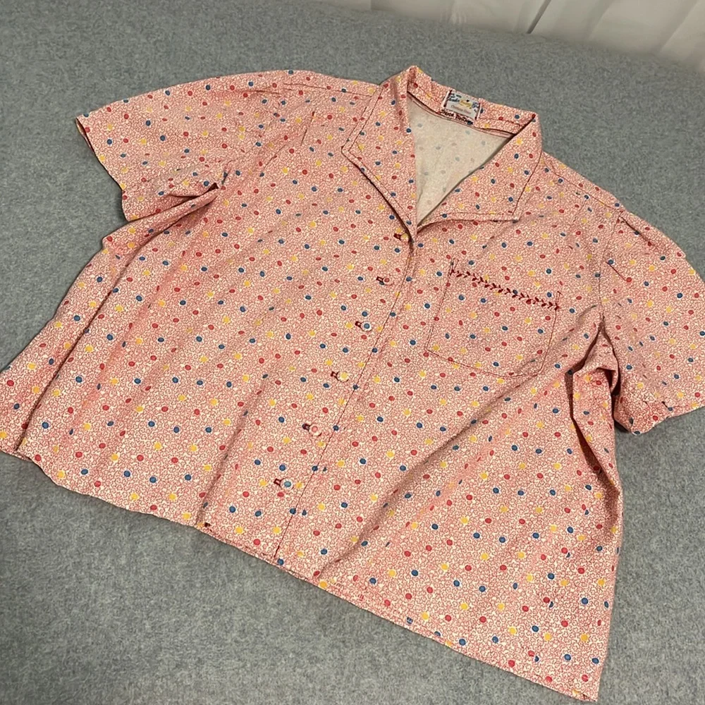Button Front Top Womens 1X Pink Ditzy Floral Polkadot Grandma Indie Grunge - Picture 9 of 9